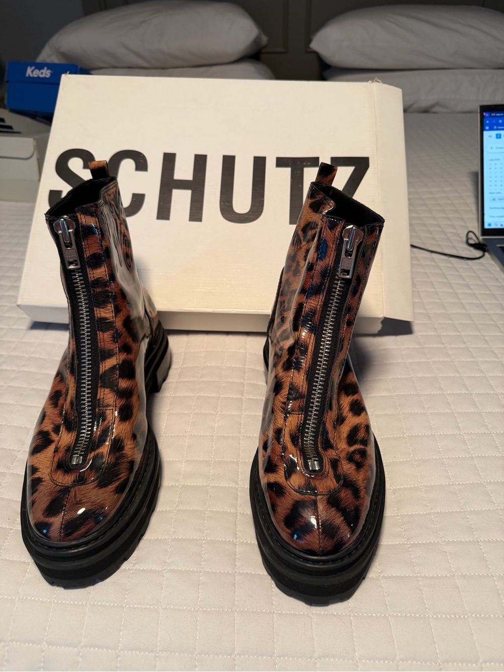SCHUTZ Leopard Patent Leather Front-Zip Combat Boots - Brown/Black